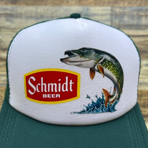 Defunct Schmidt Beer Fish Mens Trucker Hat Green Snapback Retro Lager Throwback - Picture 3 of 8